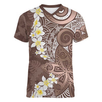 Mocha Mousse Polynesian Tribal Frangipani Tropical Vibe Women V-Neck T-Shirt