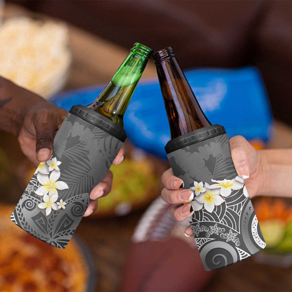 Gray Polynesian Tribal Frangipani Tropical Vibe 4 in 1 Can Cooler Tumbler