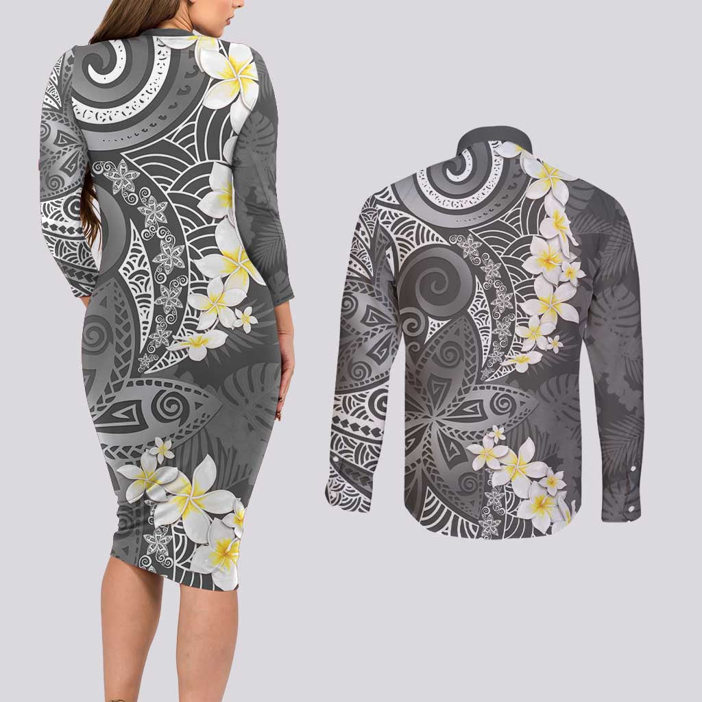 Gray Polynesian Tribal Frangipani Tropical Vibe Couples Matching Long Sleeve Bodycon Dress and Long Sleeve Button Shirt