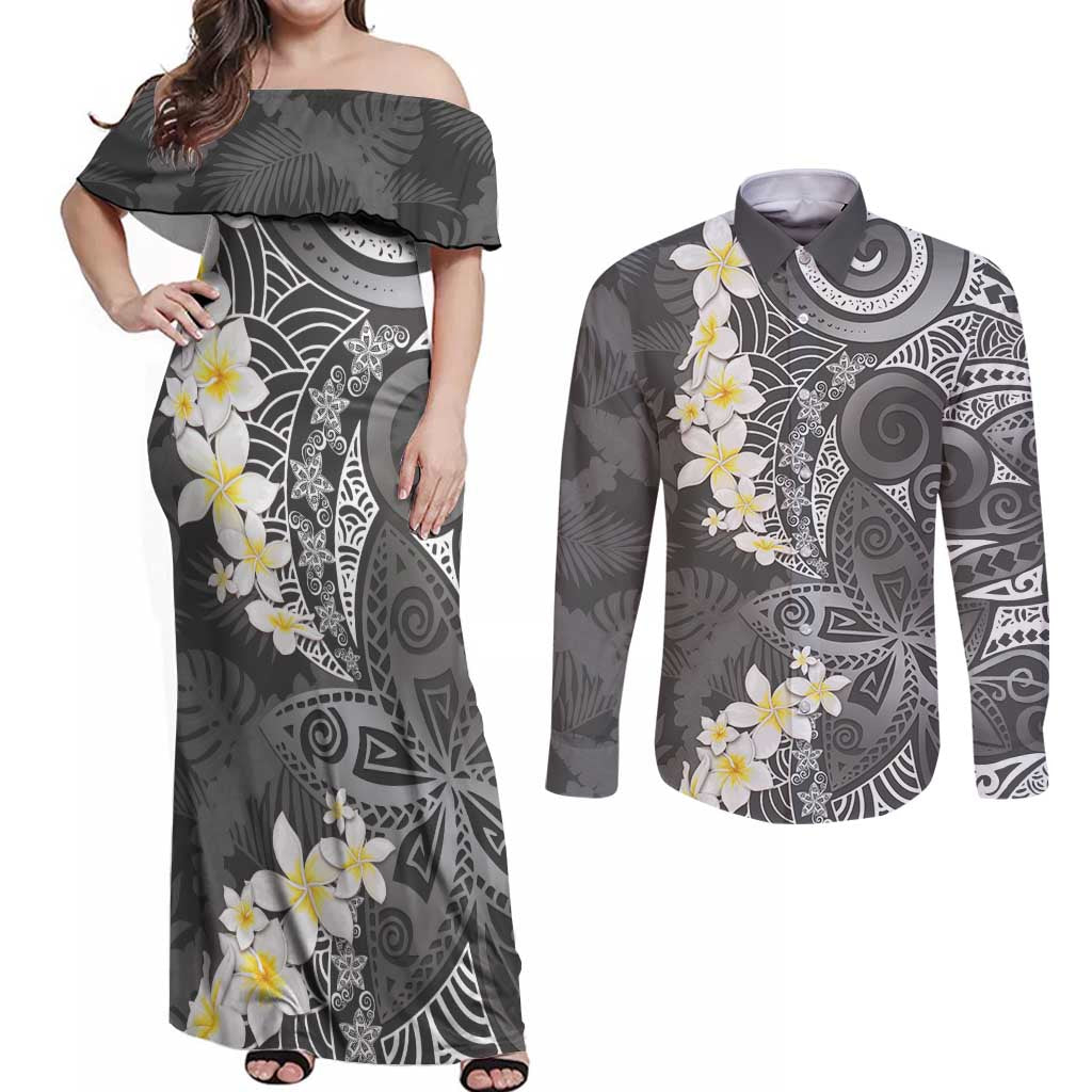 Gray Polynesian Tribal Frangipani Tropical Vibe Couples Matching Off Shoulder Maxi Dress and Long Sleeve Button Shirt