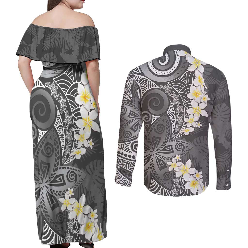 Gray Polynesian Tribal Frangipani Tropical Vibe Couples Matching Off Shoulder Maxi Dress and Long Sleeve Button Shirt