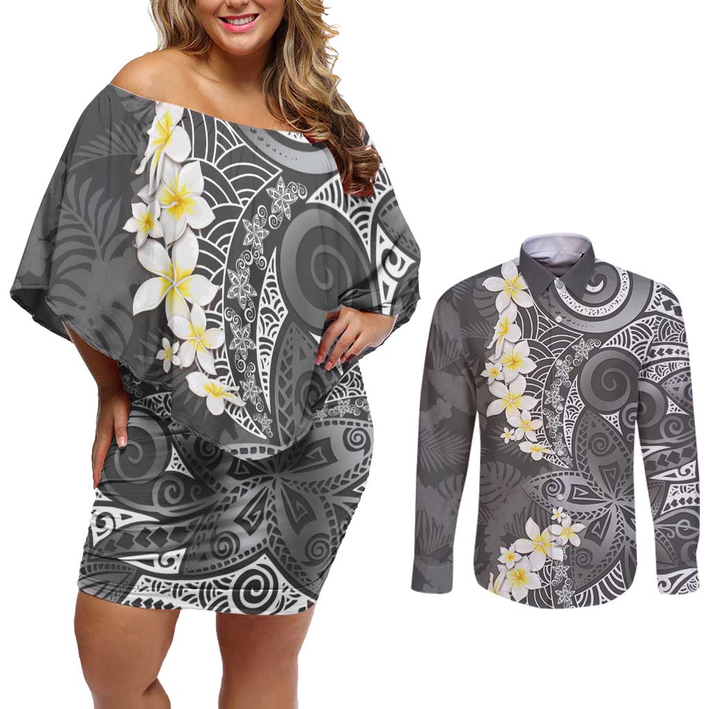 Gray Polynesian Tribal Frangipani Tropical Vibe Couples Matching Off Shoulder Short Dress and Long Sleeve Button Shirt