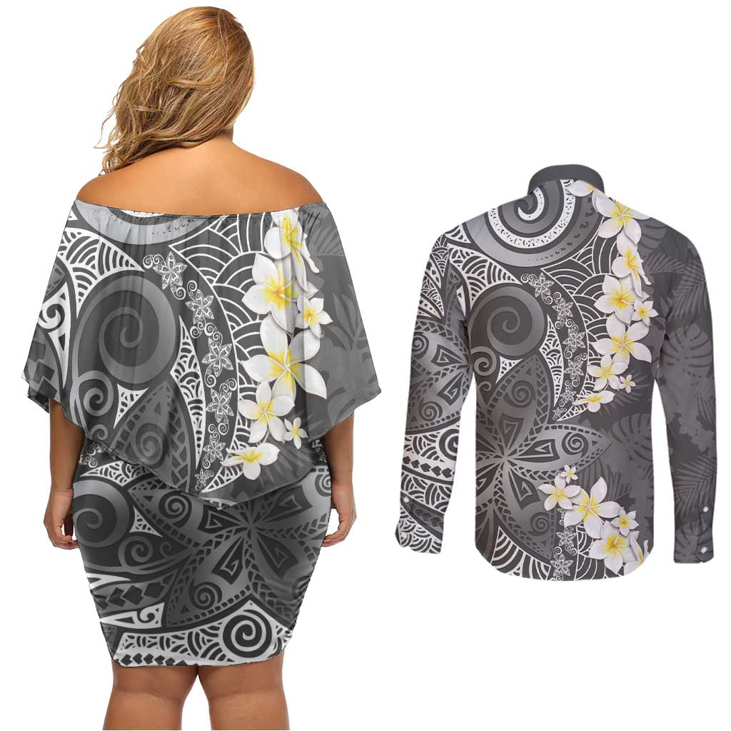 Gray Polynesian Tribal Frangipani Tropical Vibe Couples Matching Off Shoulder Short Dress and Long Sleeve Button Shirt