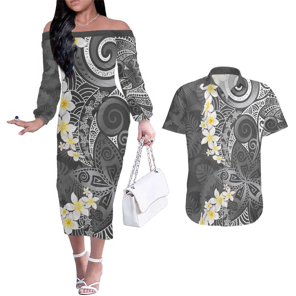 Gray Polynesian Tribal Frangipani Tropical Vibe Couples Matching Off The Shoulder Long Sleeve Dress and Hawaiian Shirt LT14 Gray - Polynesian Pride