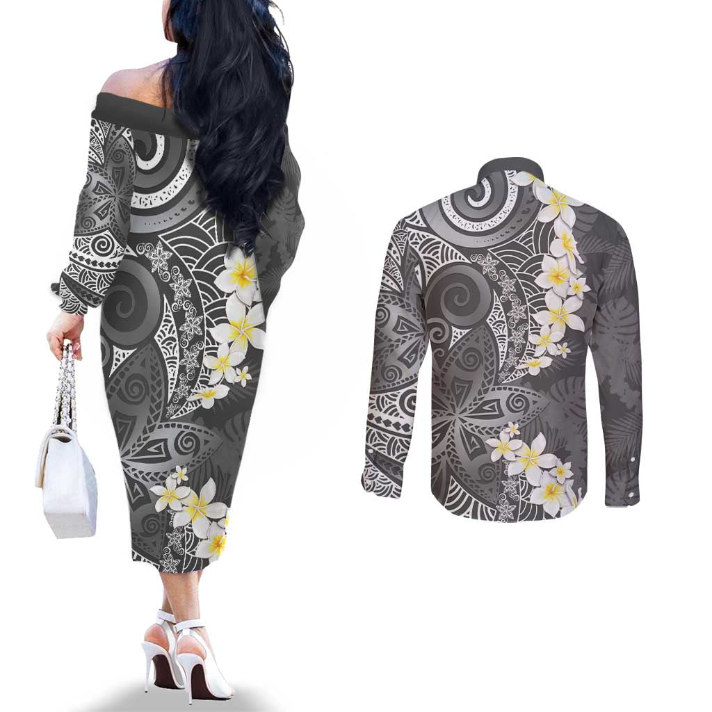 Gray Polynesian Tribal Frangipani Tropical Vibe Couples Matching Off The Shoulder Long Sleeve Dress and Long Sleeve Button Shirt