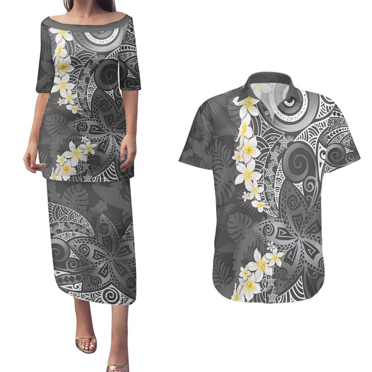 Gray Polynesian Tribal Frangipani Tropical Vibe Couples Matching Puletasi and Hawaiian Shirt