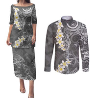 Gray Polynesian Tribal Frangipani Tropical Vibe Couples Matching Puletasi and Long Sleeve Button Shirt