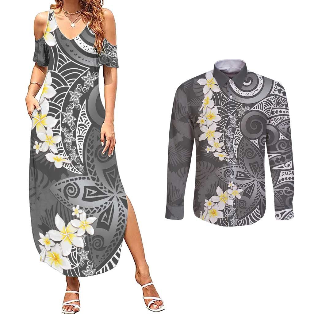 Gray Polynesian Tribal Frangipani Tropical Vibe Couples Matching Summer Maxi Dress and Long Sleeve Button Shirt