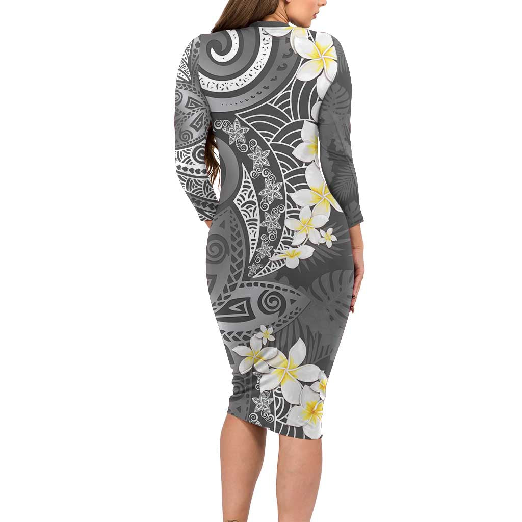 Gray Polynesian Tribal Frangipani Tropical Vibe Family Matching Long Sleeve Bodycon Dress and Hawaiian Shirt LT14 - Polynesian Pride