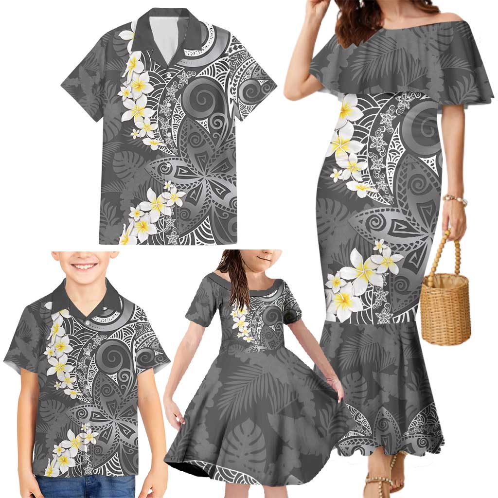 Gray Polynesian Tribal Frangipani Tropical Vibe Family Matching Mermaid Dress and Hawaiian Shirt LT14 - Polynesian Pride