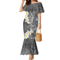 Gray Polynesian Tribal Frangipani Tropical Vibe Family Matching Mermaid Dress and Hawaiian Shirt LT14 Mom's Dress Gray - Polynesian Pride