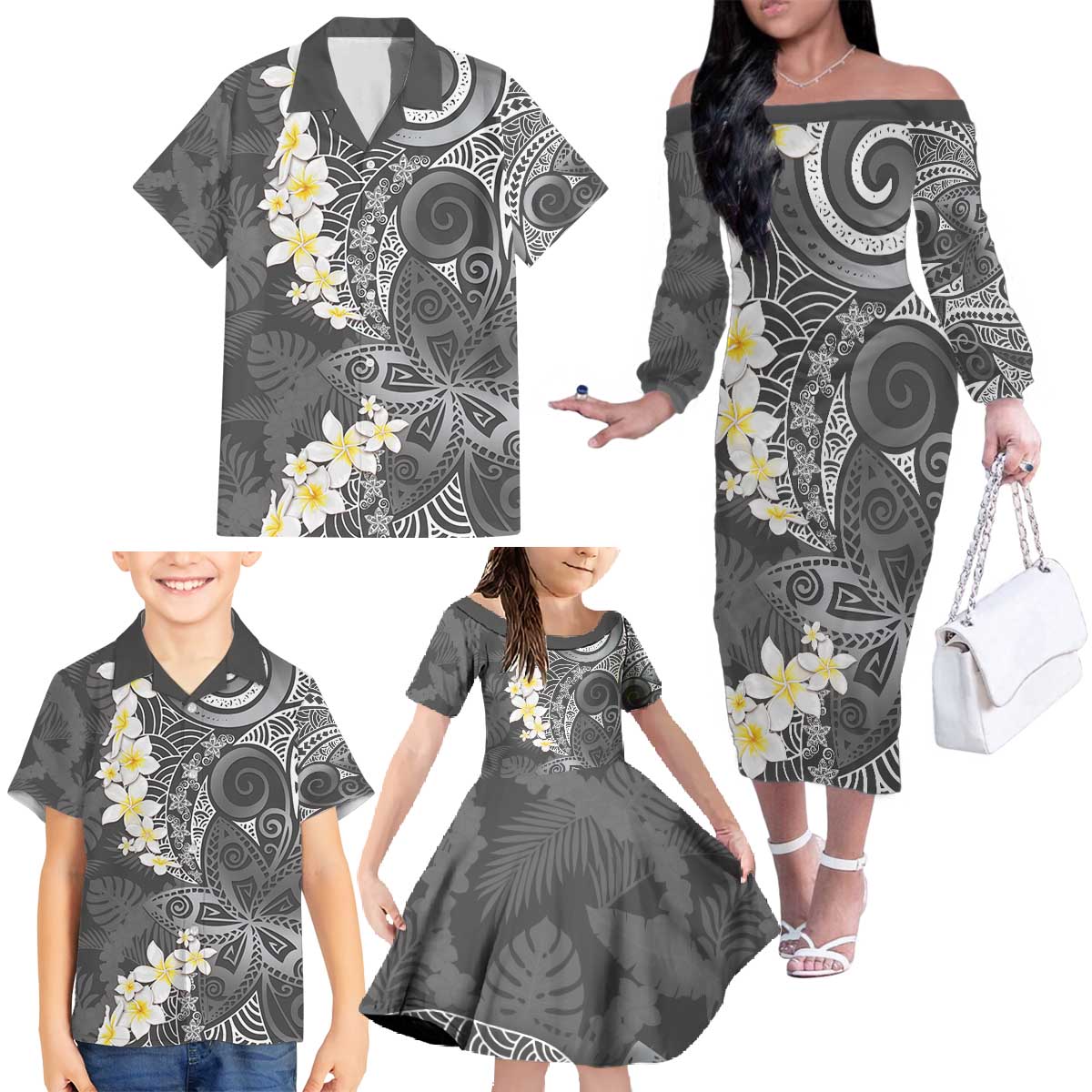 Gray Polynesian Tribal Frangipani Tropical Vibe Family Matching Off The Shoulder Long Sleeve Dress and Hawaiian Shirt LT14 - Polynesian Pride
