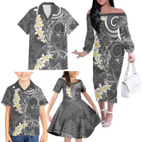 Gray Polynesian Tribal Frangipani Tropical Vibe Family Matching Off The Shoulder Long Sleeve Dress and Hawaiian Shirt LT14 - Polynesian Pride