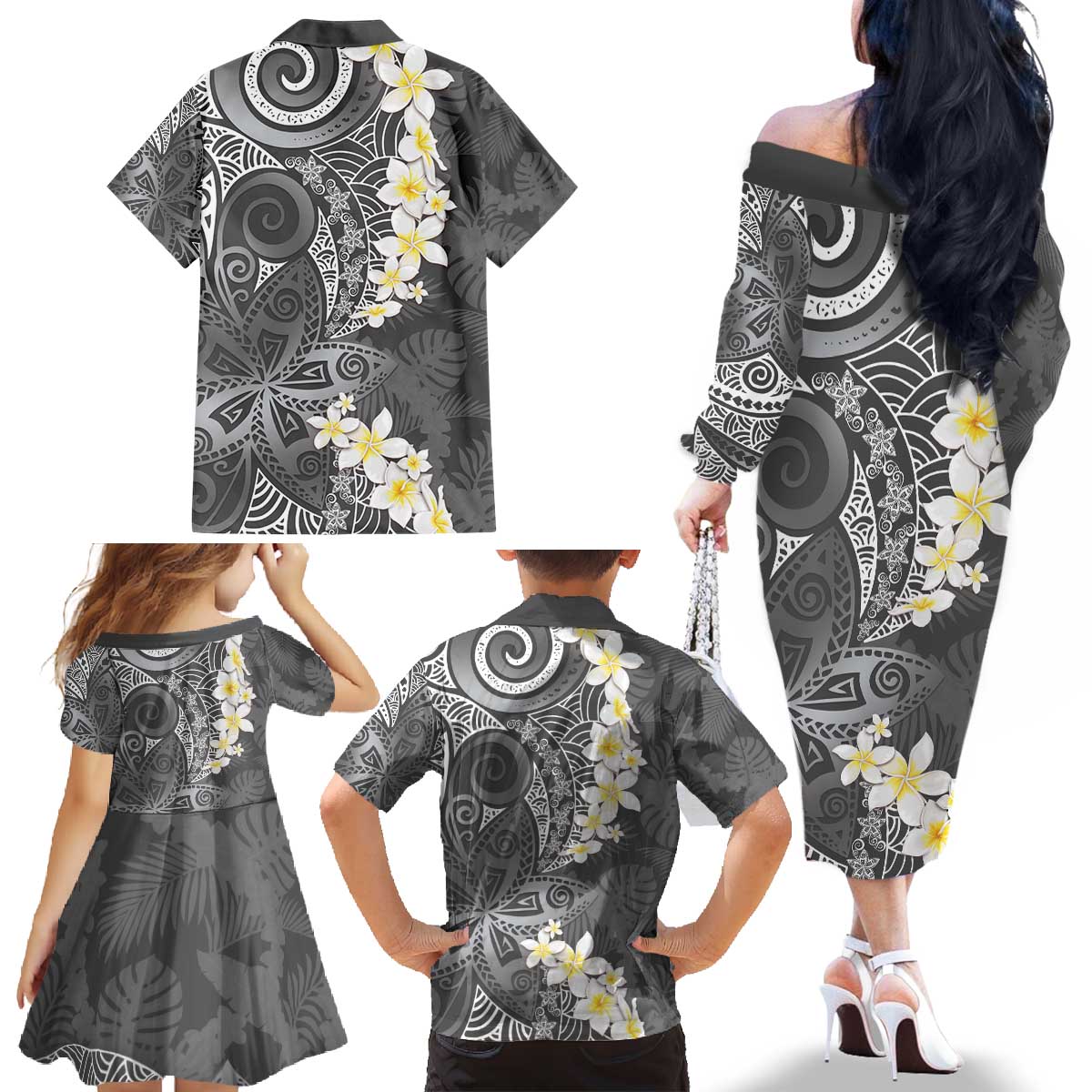 Gray Polynesian Tribal Frangipani Tropical Vibe Family Matching Off The Shoulder Long Sleeve Dress and Hawaiian Shirt LT14 - Polynesian Pride