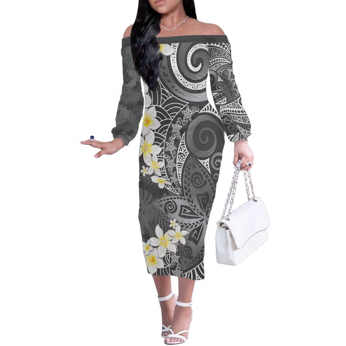 Gray Polynesian Tribal Frangipani Tropical Vibe Family Matching Off The Shoulder Long Sleeve Dress and Hawaiian Shirt LT14 Mom's Dress Gray - Polynesian Pride