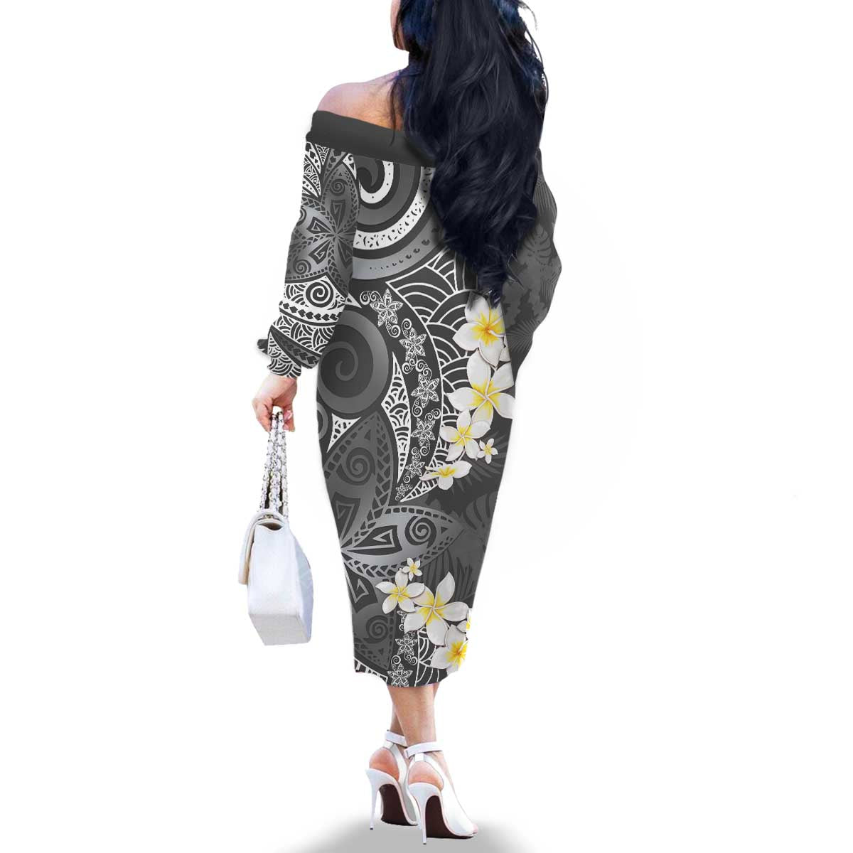 Gray Polynesian Tribal Frangipani Tropical Vibe Family Matching Off The Shoulder Long Sleeve Dress and Hawaiian Shirt LT14 - Polynesian Pride