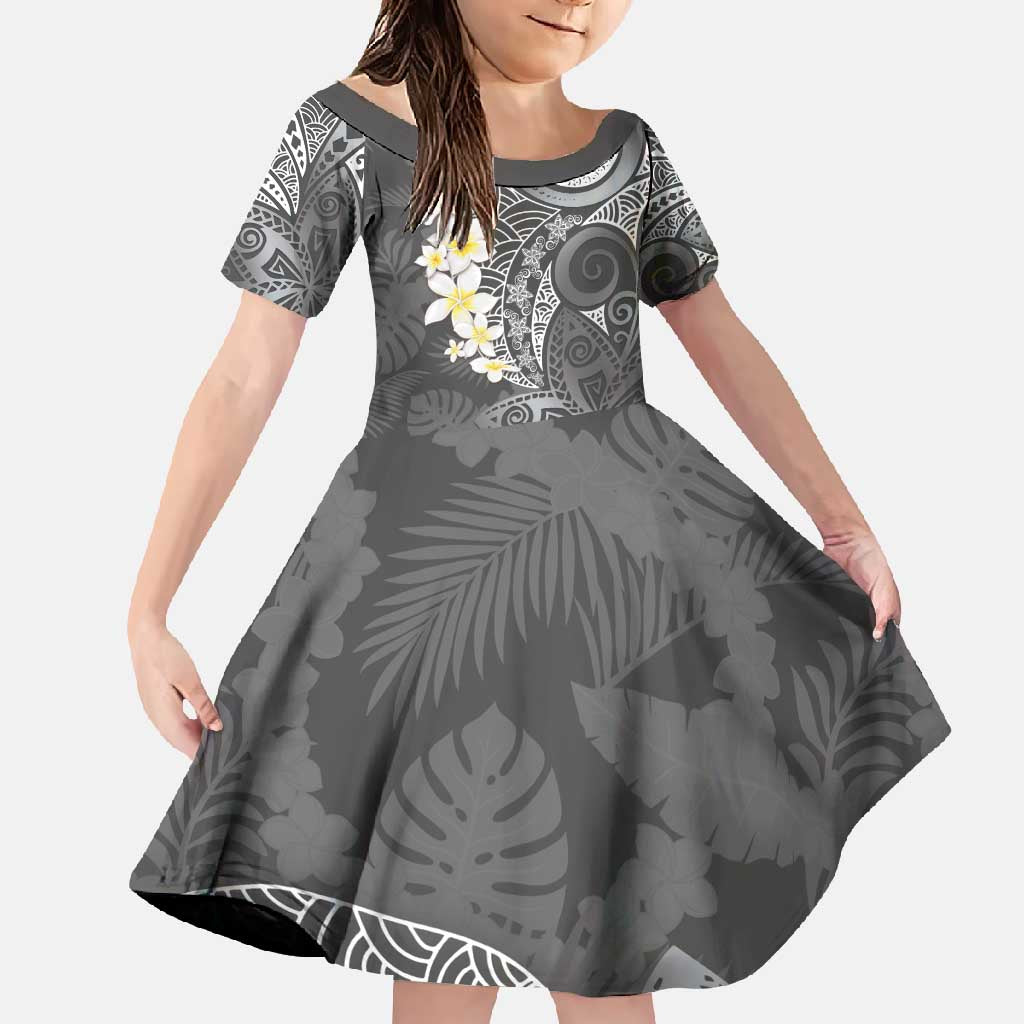 Gray Polynesian Tribal Frangipani Tropical Vibe Family Matching Off Shoulder Maxi Dress and Hawaiian Shirt LT14 Daughter's Dress Gray - Polynesian Pride
