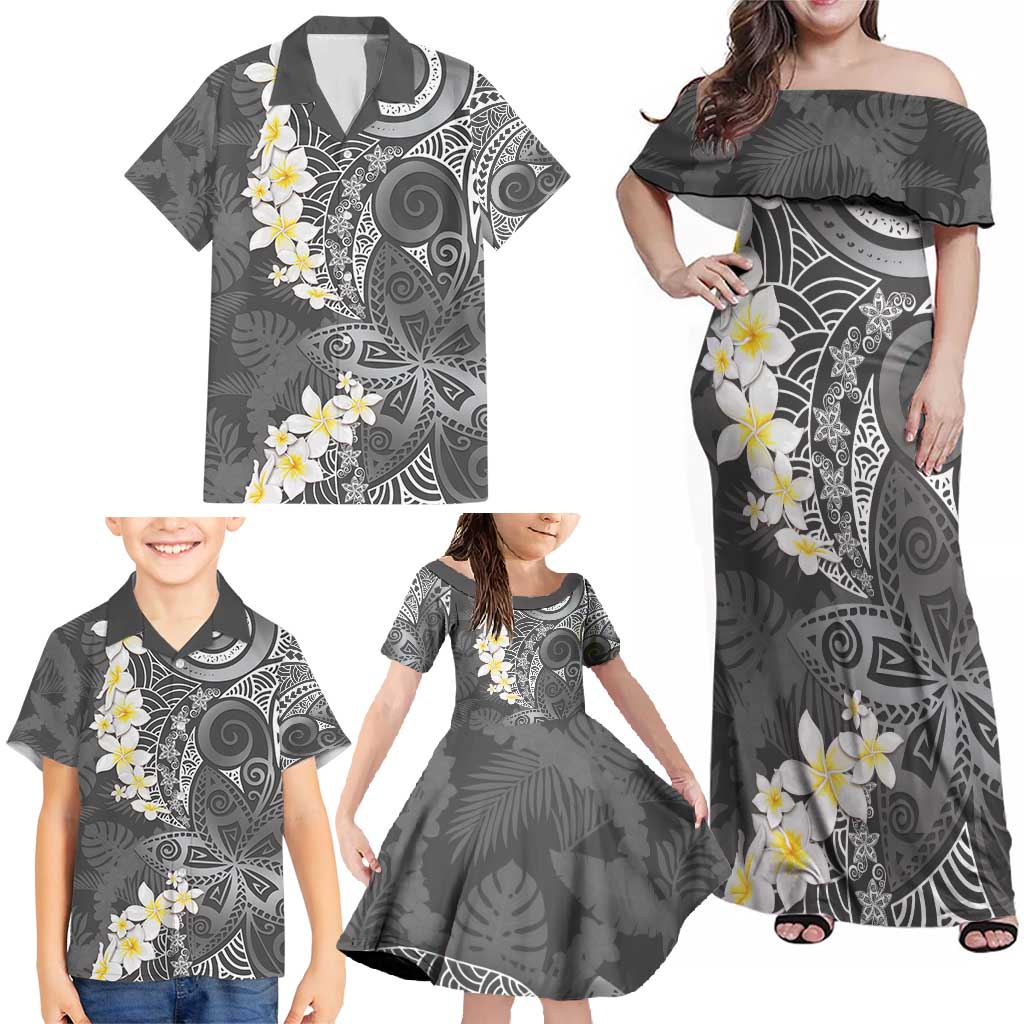 Gray Polynesian Tribal Frangipani Tropical Vibe Family Matching Off Shoulder Maxi Dress and Hawaiian Shirt LT14 - Polynesian Pride