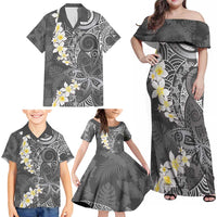 Gray Polynesian Tribal Frangipani Tropical Vibe Family Matching Off Shoulder Maxi Dress and Hawaiian Shirt LT14 - Polynesian Pride