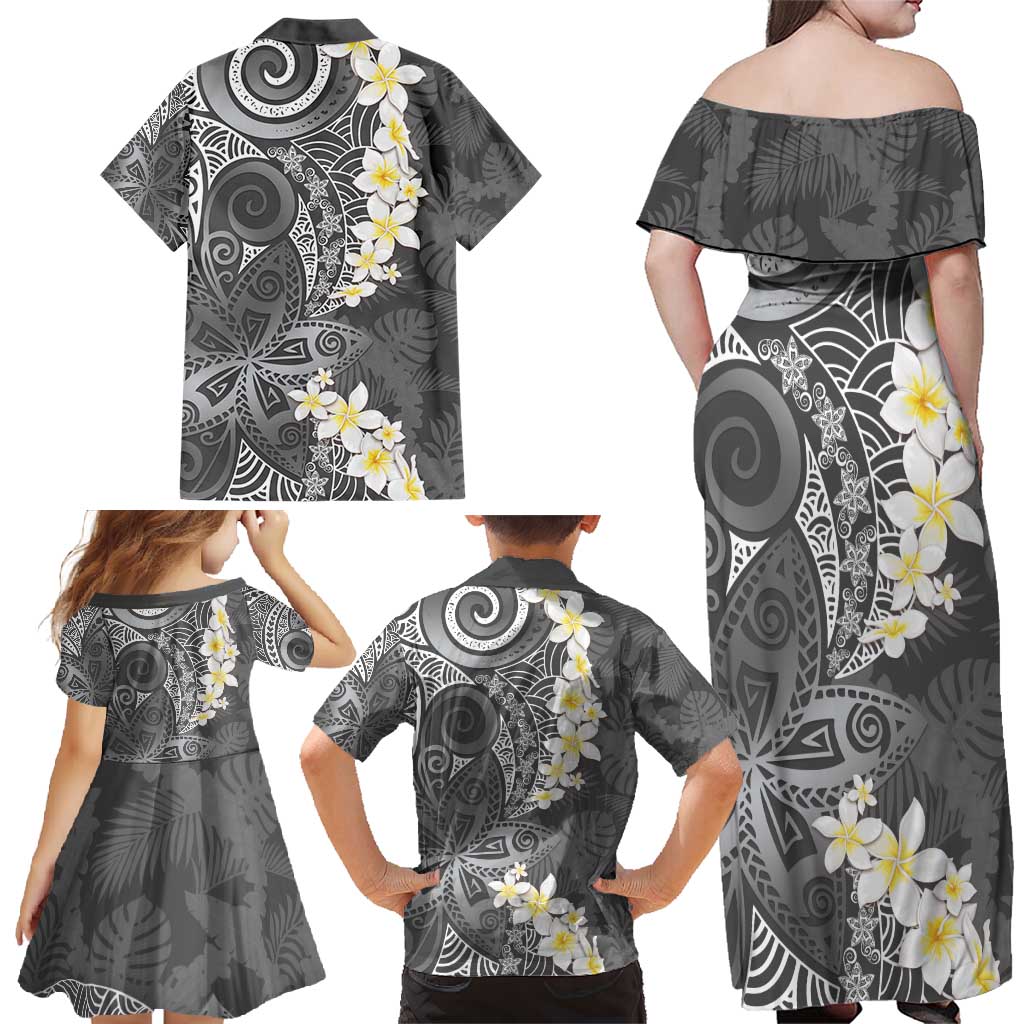 Gray Polynesian Tribal Frangipani Tropical Vibe Family Matching Off Shoulder Maxi Dress and Hawaiian Shirt LT14 - Polynesian Pride