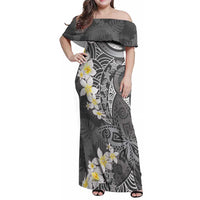 Gray Polynesian Tribal Frangipani Tropical Vibe Family Matching Off Shoulder Maxi Dress and Hawaiian Shirt LT14 Mom's Dress Gray - Polynesian Pride