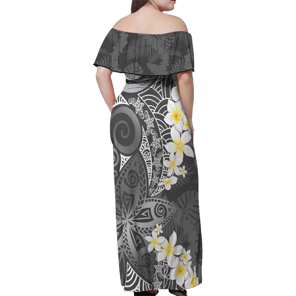 Gray Polynesian Tribal Frangipani Tropical Vibe Family Matching Off Shoulder Maxi Dress and Hawaiian Shirt LT14 - Polynesian Pride