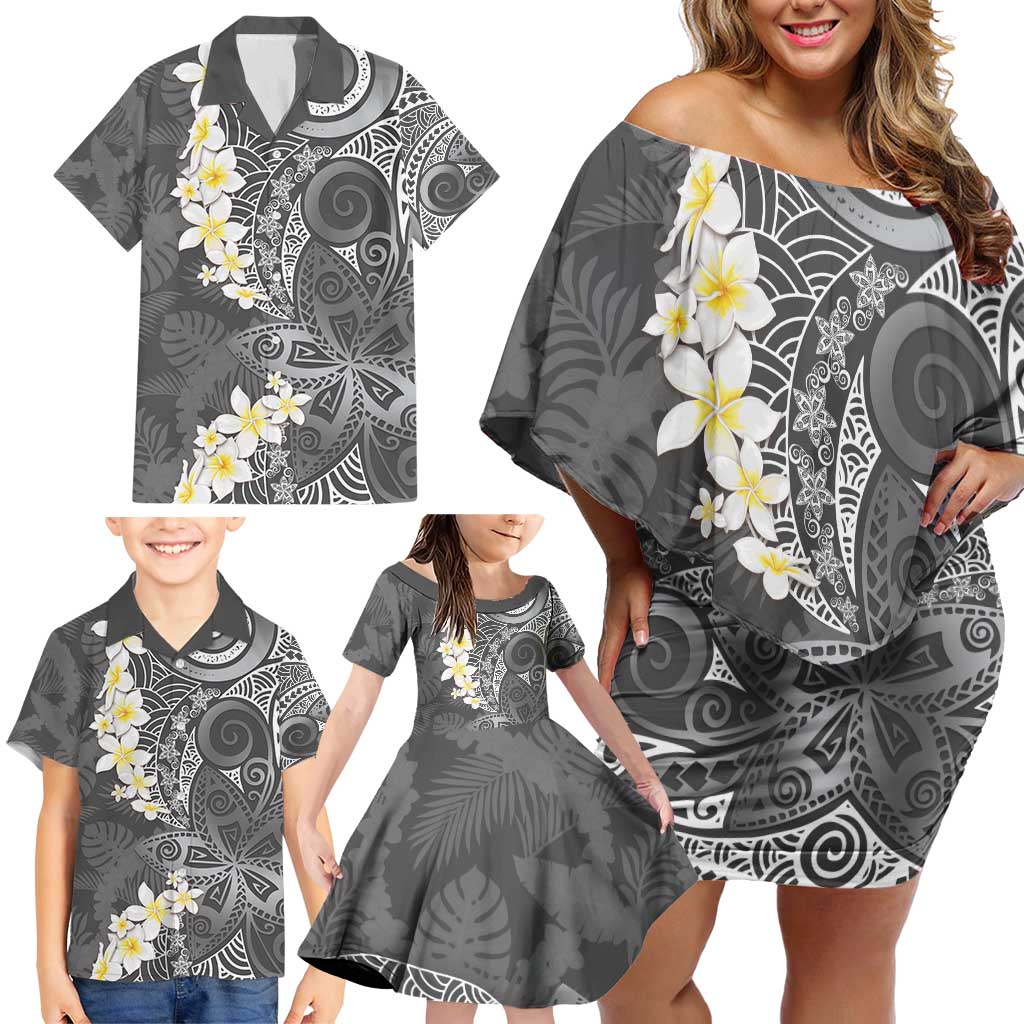 Gray Polynesian Tribal Frangipani Tropical Vibe Family Matching Off Shoulder Short Dress and Hawaiian Shirt LT14 - Polynesian Pride