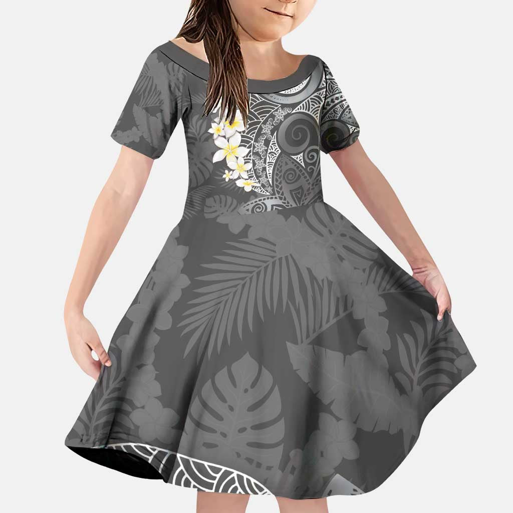 Gray Polynesian Tribal Frangipani Tropical Vibe Family Matching Puletasi and Hawaiian Shirt LT14 Daughter's Dress Gray - Polynesian Pride