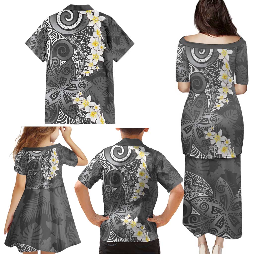Gray Polynesian Tribal Frangipani Tropical Vibe Family Matching Puletasi and Hawaiian Shirt LT14 - Polynesian Pride