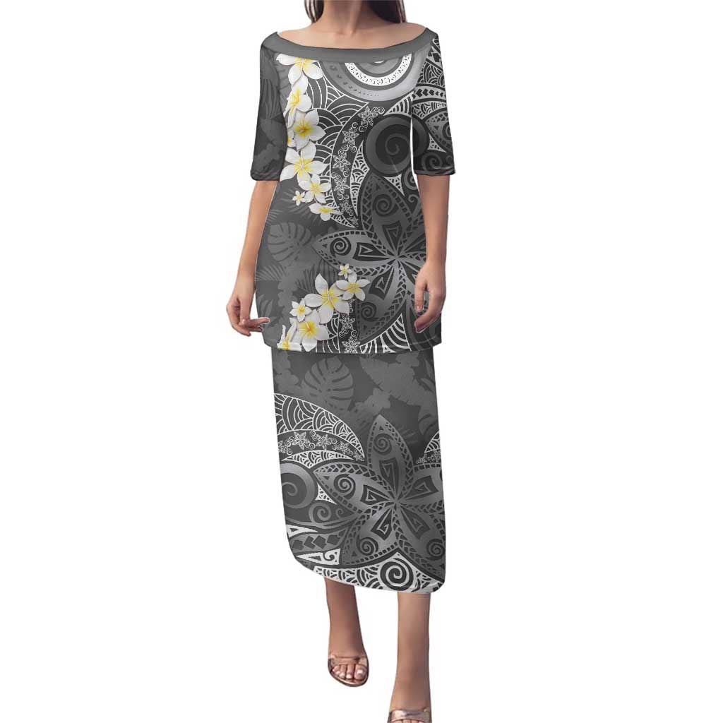 Gray Polynesian Tribal Frangipani Tropical Vibe Family Matching Puletasi and Hawaiian Shirt LT14 Mom's Dress Gray - Polynesian Pride