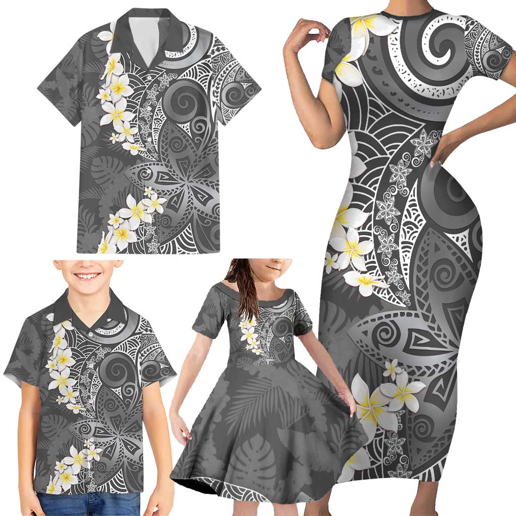 Gray Polynesian Tribal Frangipani Tropical Vibe Family Matching Short Sleeve Bodycon Dress and Hawaiian Shirt LT14 - Polynesian Pride