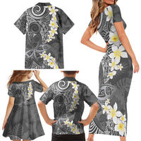 Gray Polynesian Tribal Frangipani Tropical Vibe Family Matching Short Sleeve Bodycon Dress and Hawaiian Shirt LT14 - Polynesian Pride