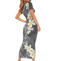 Gray Polynesian Tribal Frangipani Tropical Vibe Family Matching Short Sleeve Bodycon Dress and Hawaiian Shirt LT14 - Polynesian Pride