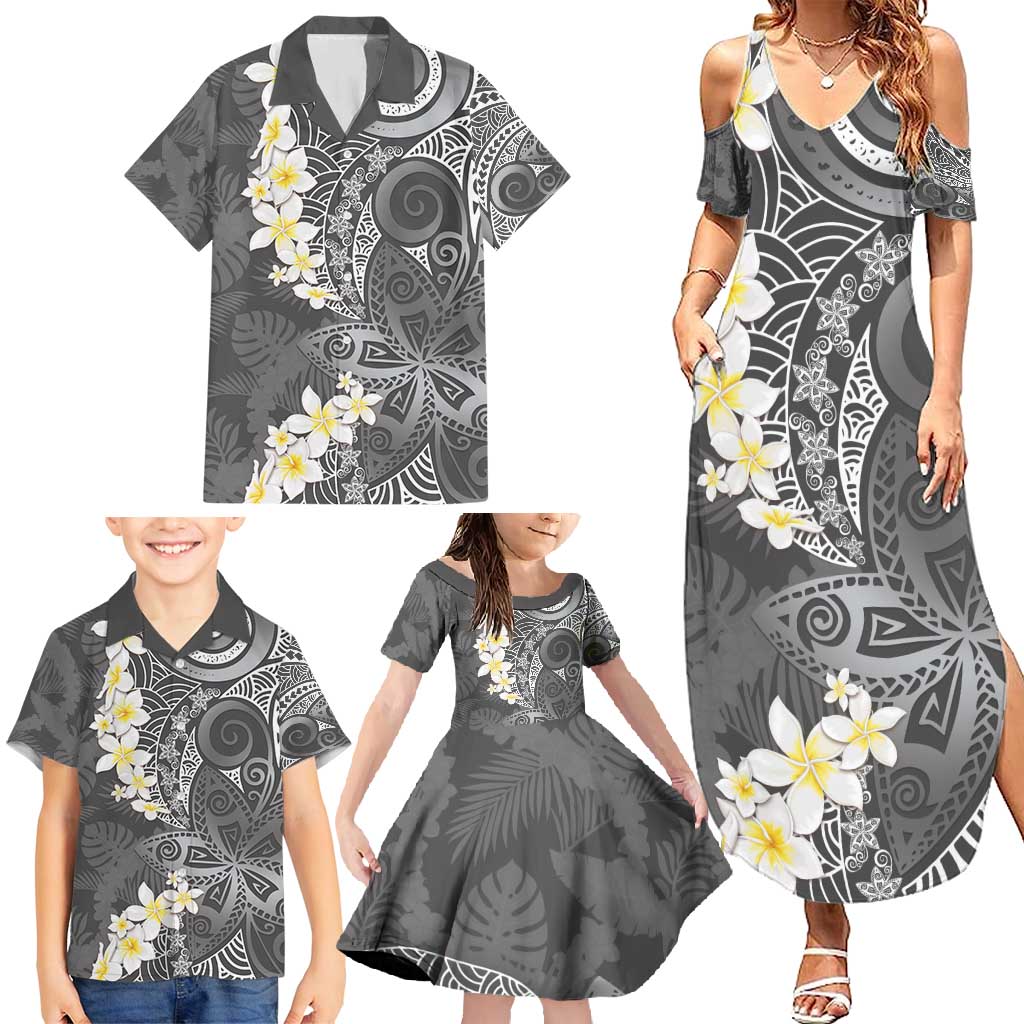 Gray Polynesian Tribal Frangipani Tropical Vibe Family Matching Summer Maxi Dress and Hawaiian Shirt LT14 - Polynesian Pride