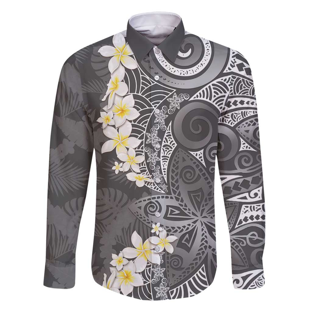 Gray Polynesian Tribal Frangipani Tropical Vibe Family Matching Summer Maxi Dress and Hawaiian Shirt LT14 Dad's Shirt - Long Sleeve Gray - Polynesian Pride