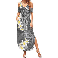 Gray Polynesian Tribal Frangipani Tropical Vibe Family Matching Summer Maxi Dress and Hawaiian Shirt LT14 Mom's Dress Gray - Polynesian Pride