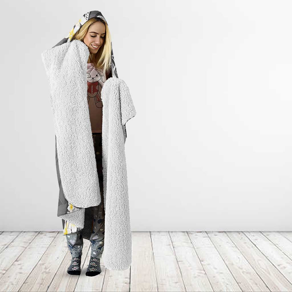 Gray Polynesian Tribal Frangipani Tropical Vibe Hooded Blanket