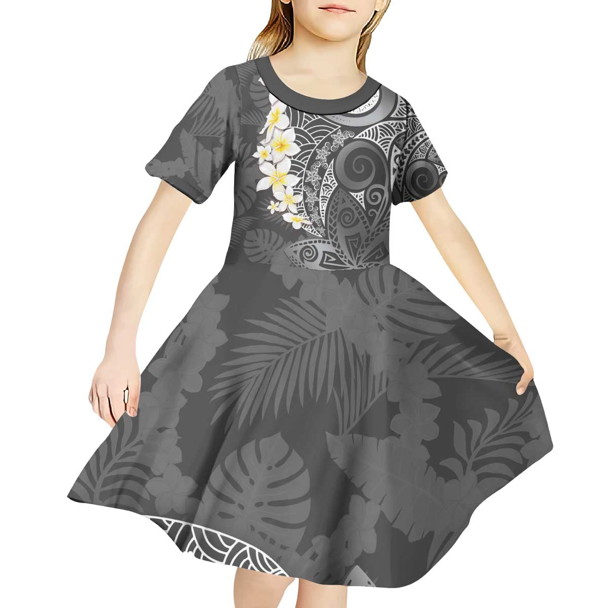 Gray Polynesian Tribal Frangipani Tropical Vibe Kid Short Sleeve Dress