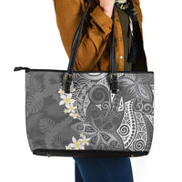 Gray Polynesian Tribal Frangipani Tropical Vibe Leather Tote Bag