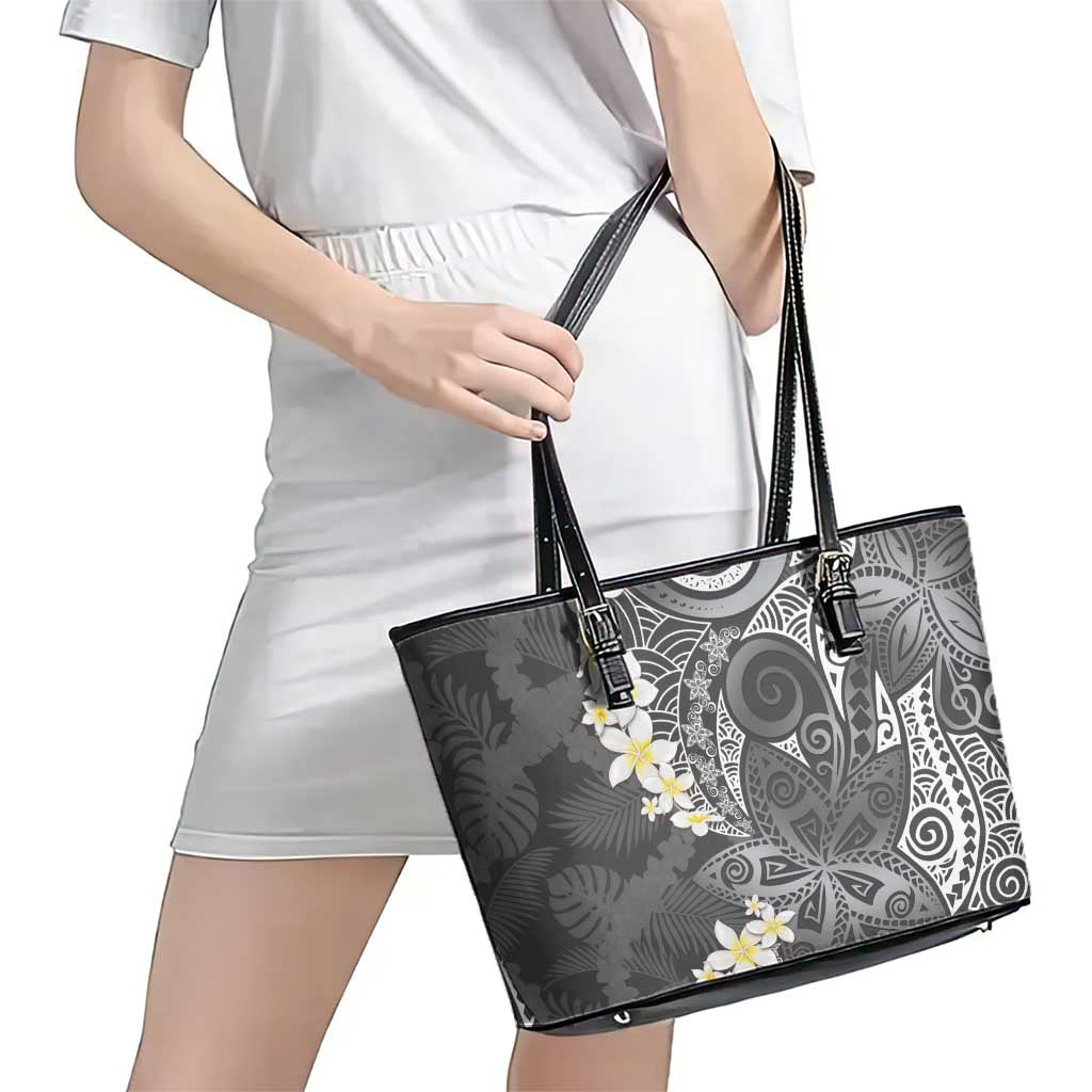 Gray Polynesian Tribal Frangipani Tropical Vibe Leather Tote Bag