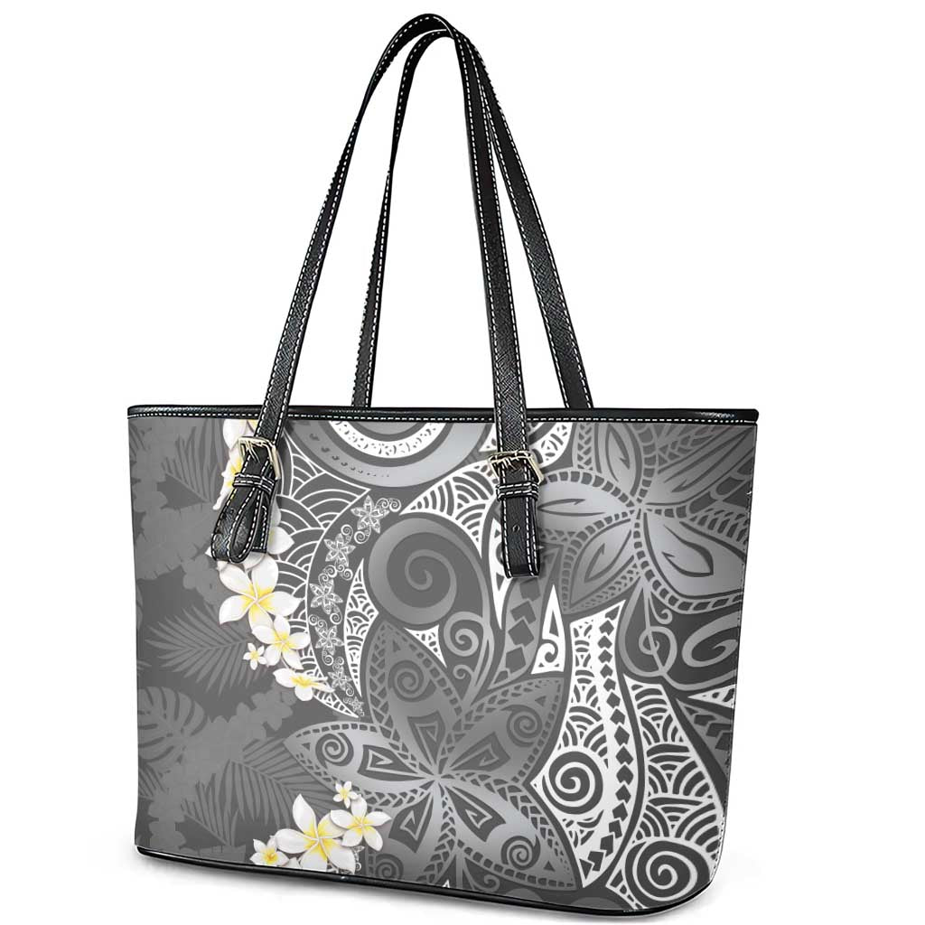Gray Polynesian Tribal Frangipani Tropical Vibe Leather Tote Bag
