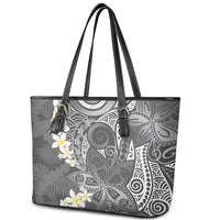 Gray Polynesian Tribal Frangipani Tropical Vibe Leather Tote Bag