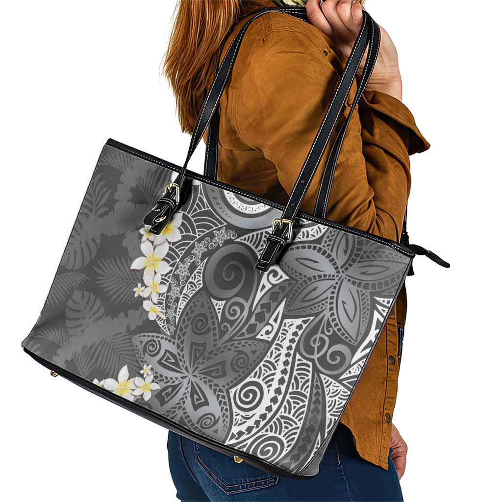 Gray Polynesian Tribal Frangipani Tropical Vibe Leather Tote Bag