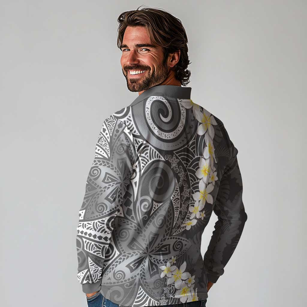 Gray Polynesian Tribal Frangipani Tropical Vibe Long Sleeve Polo Shirt