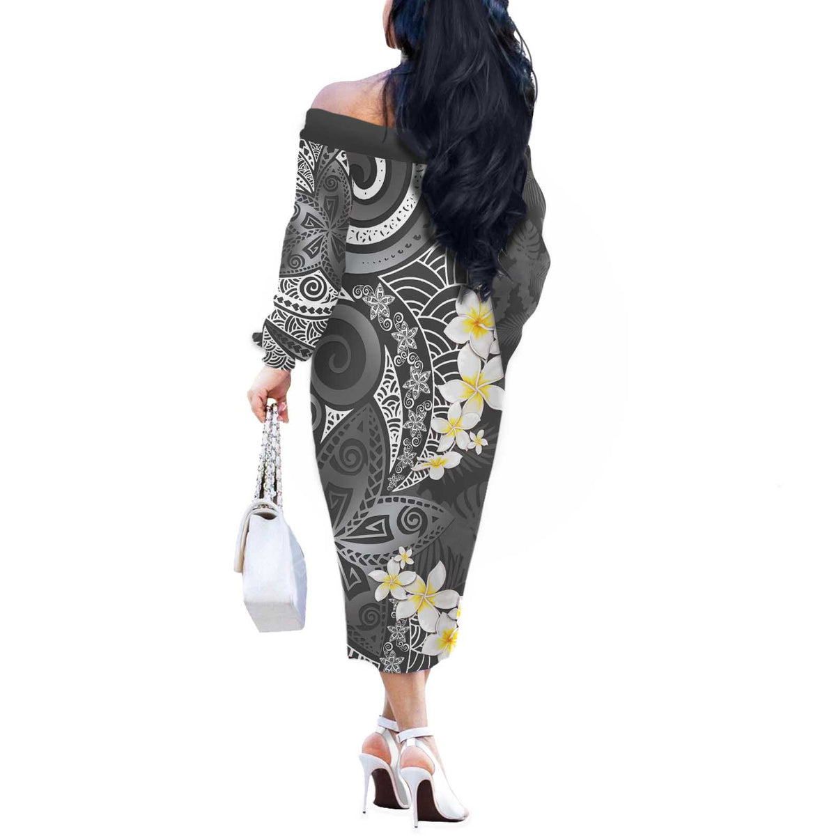 Gray Polynesian Tribal Frangipani Tropical Vibe Off The Shoulder Long Sleeve Dress