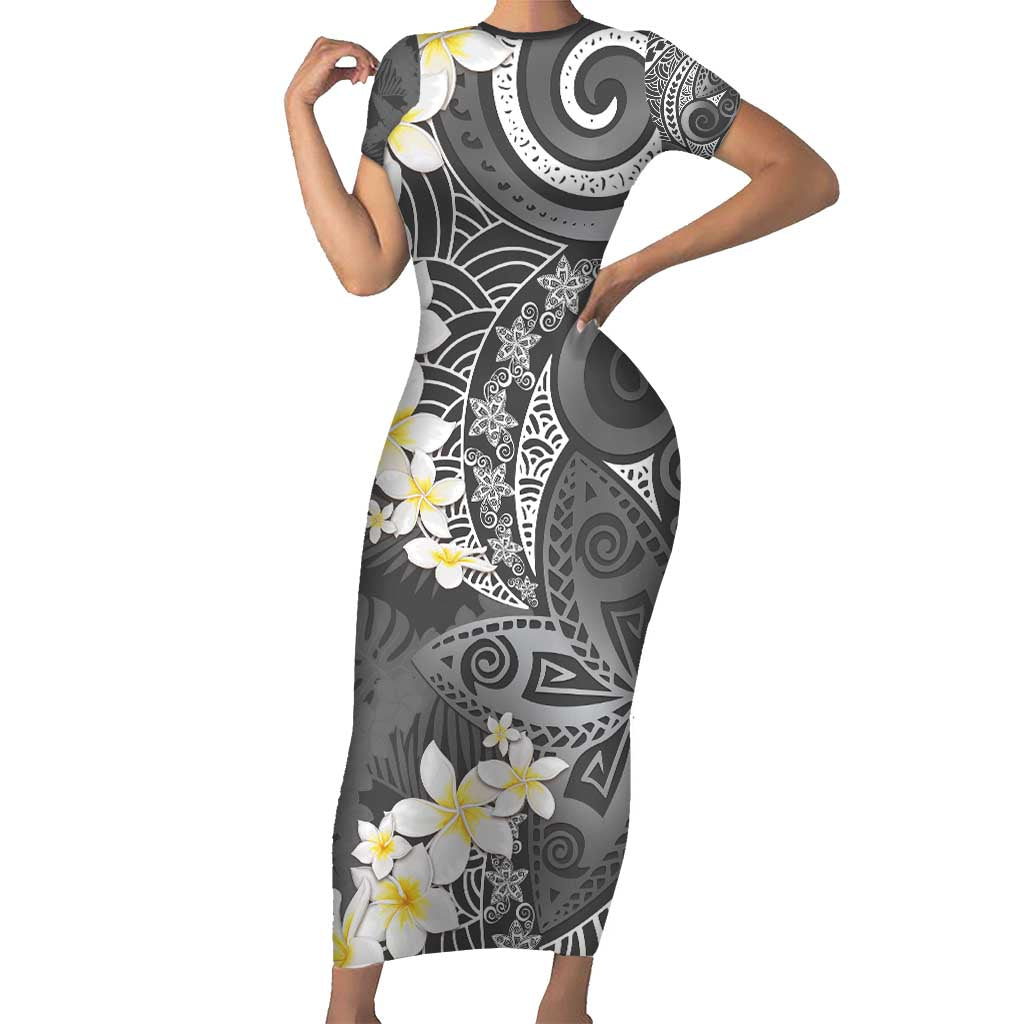Gray Polynesian Tribal Frangipani Tropical Vibe Short Sleeve Bodycon Dress