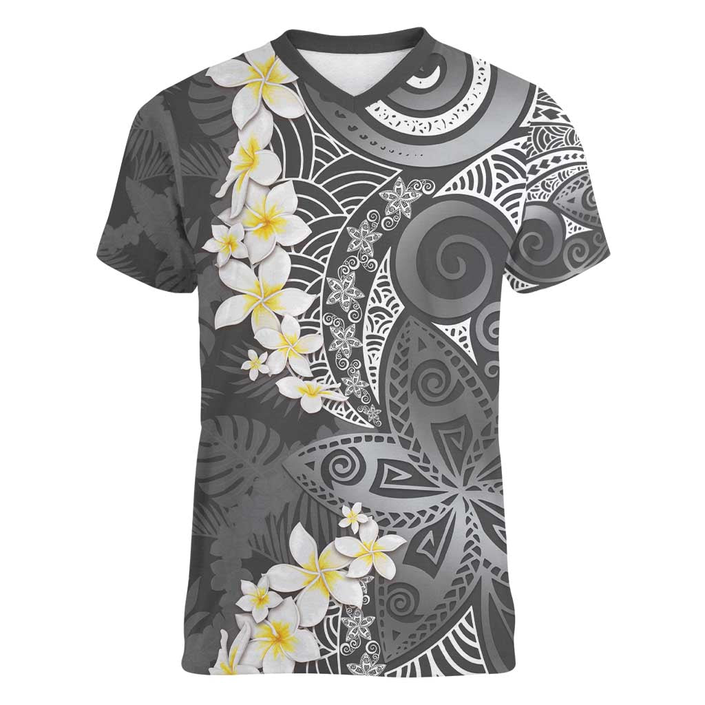 Gray Polynesian Tribal Frangipani Tropical Vibe Women V-Neck T-Shirt