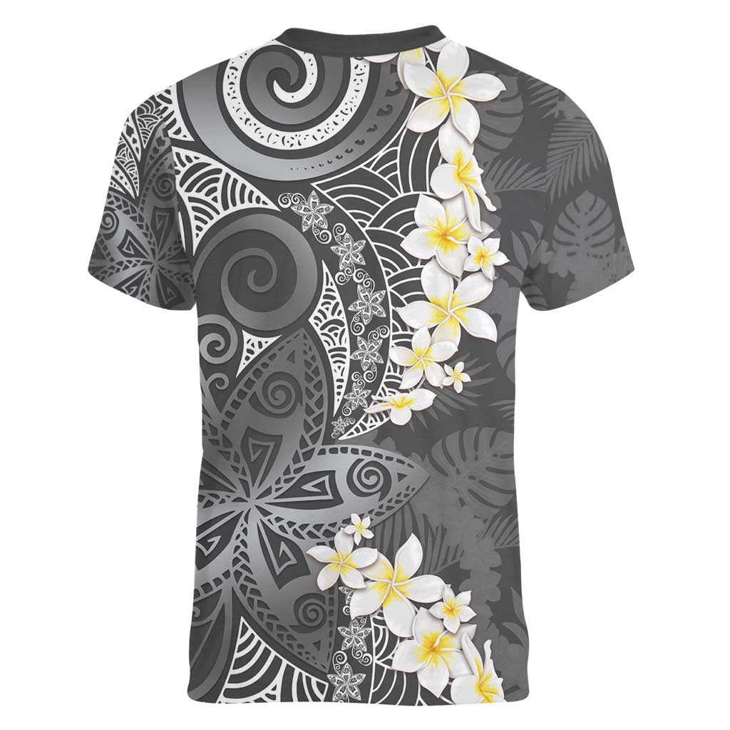 Gray Polynesian Tribal Frangipani Tropical Vibe Women V-Neck T-Shirt