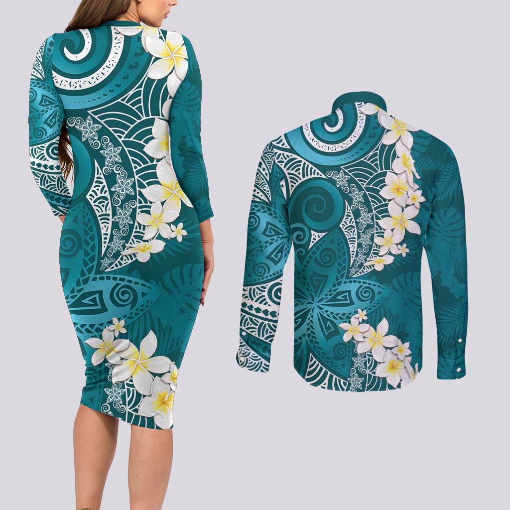 Cyan Polynesian Tribal Frangipani Tropical Vibe Couples Matching Long Sleeve Bodycon Dress and Long Sleeve Button Shirt