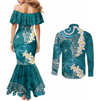 Cyan Polynesian Tribal Frangipani Tropical Vibe Couples Matching Mermaid Dress and Long Sleeve Button Shirt